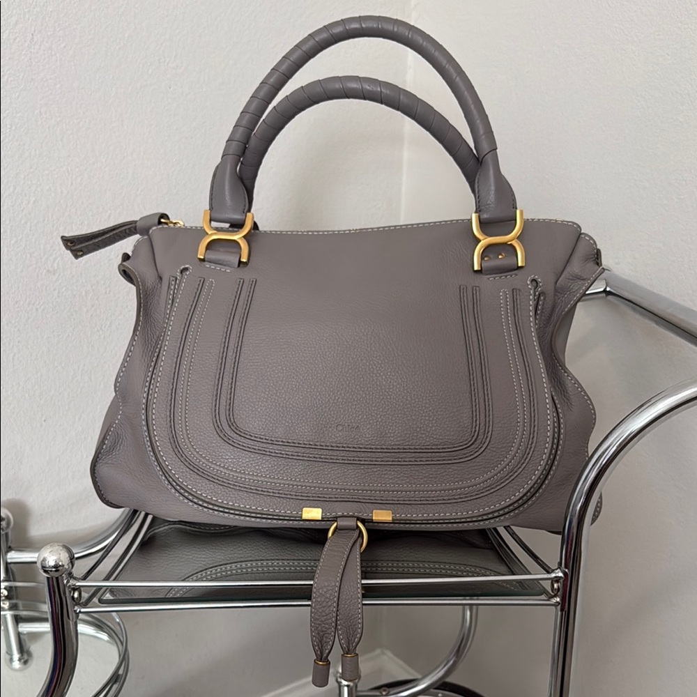Chloe Gray Satchel with Gold Hardware and Curved Flap